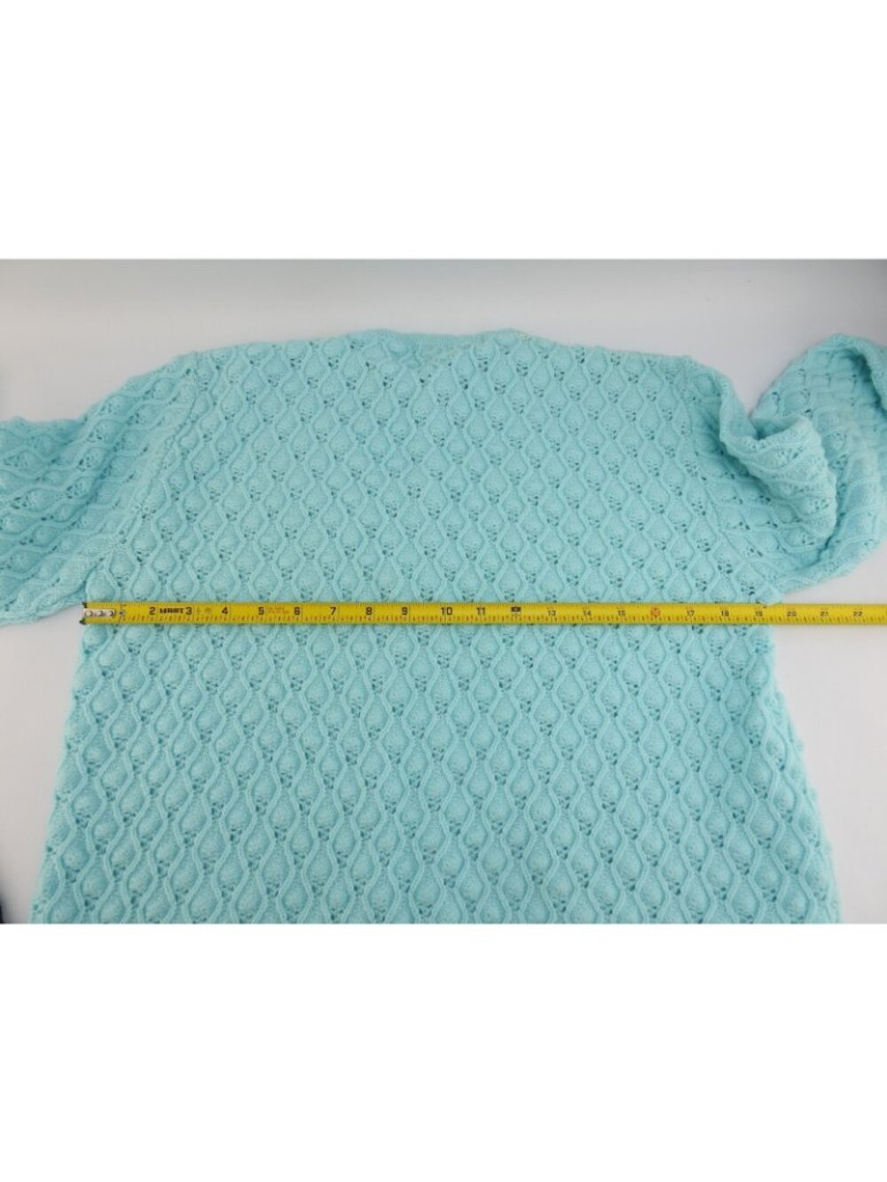 Vintage Cuddle Knit Wintuk Aqua Blue Open Knit Cardigan Sweater Medium - Picture 6 of 8